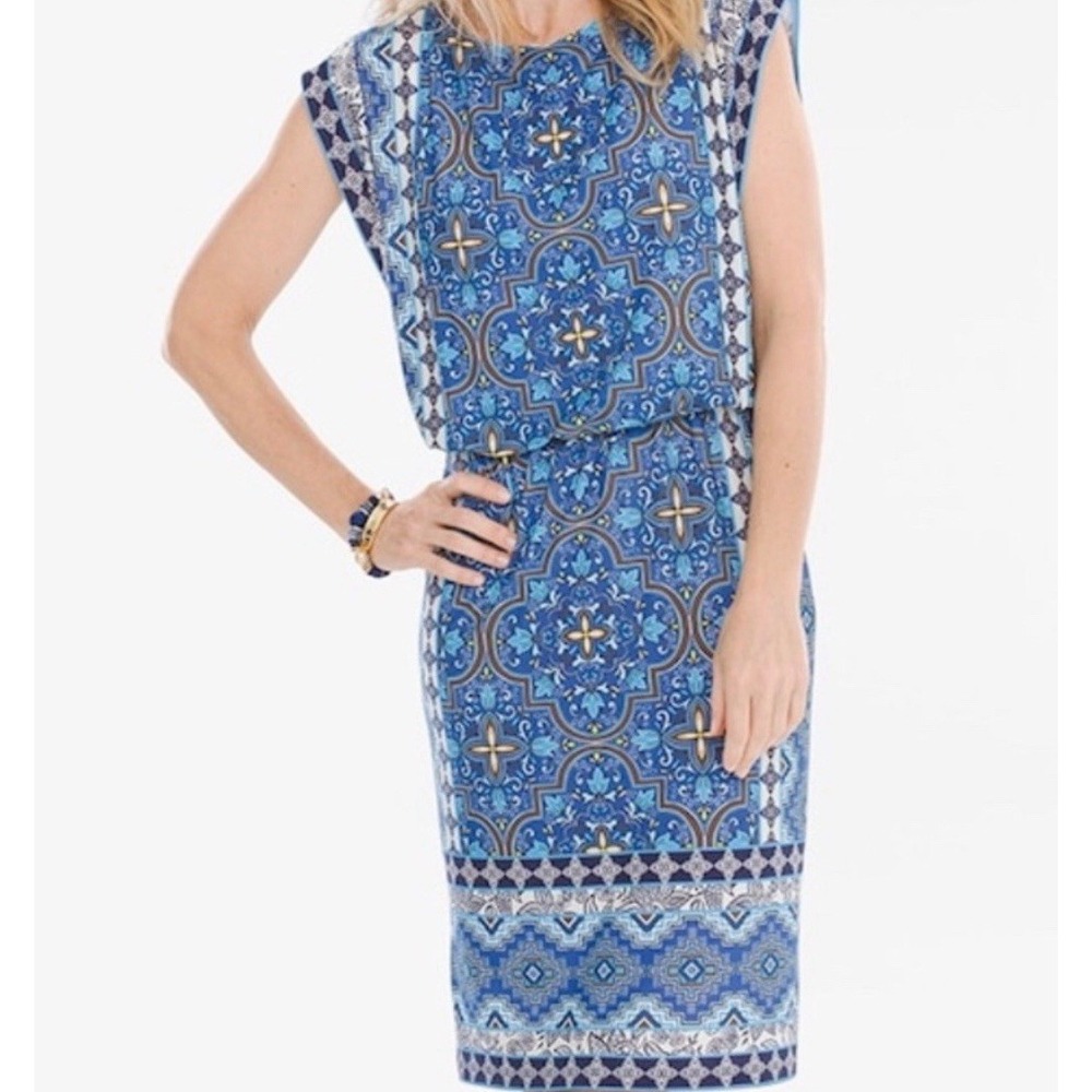 CHICO'S Blue Multi Medallion/Floral Print Blouson Sleeveless Dress Sz-2(12) 119$